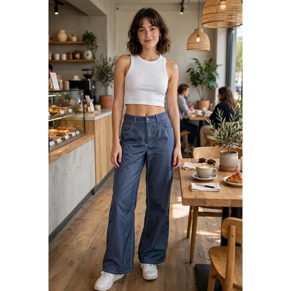 Buggirl Y2K Women 9 Rave Pants Bluish Grey Nylon Blend Wide Leg Contrast Stitch